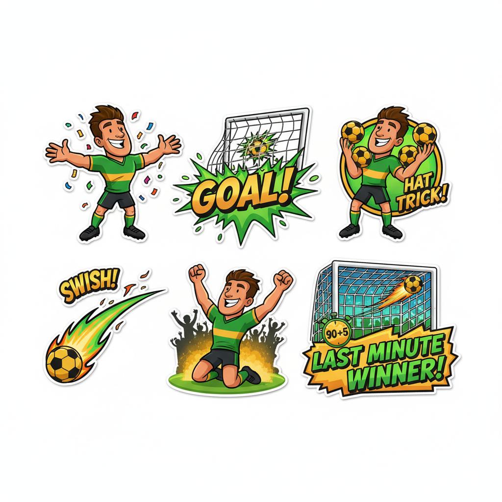 Cartoon soccer players celebrating a goal in green jerseys with round footballs and goal nets
